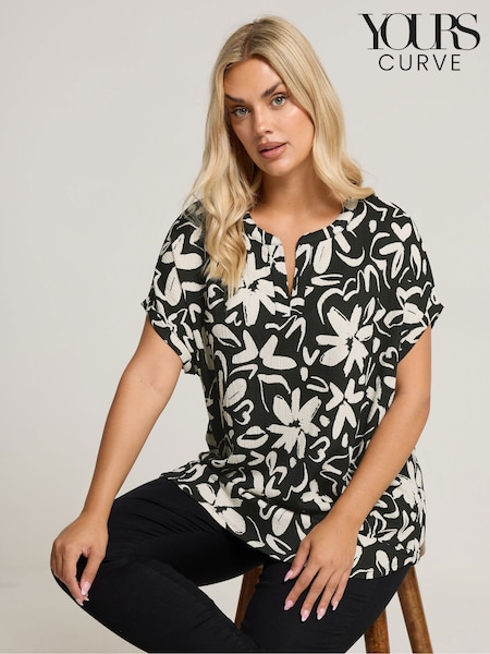 Yours Curve Black Textured Notch Neck Top (Y23314) | £24