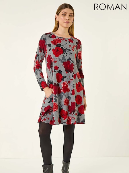 Roman Red Rose Print Stretch Swing Dress (Y23522) | £42