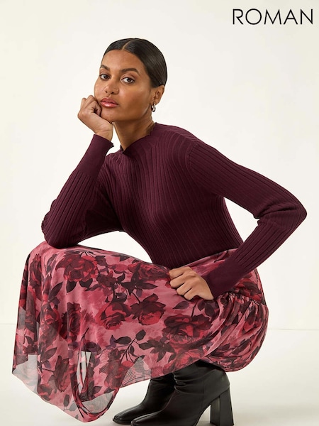 Roman Red Rose Print Mesh Layered Skirt (Y23525) | £42