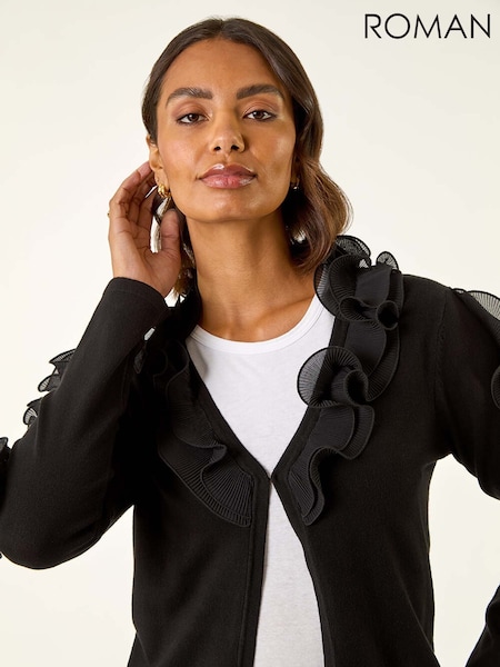 Roman Black Ruffle Contrast Knit Cardigan (Y23526) | £42
