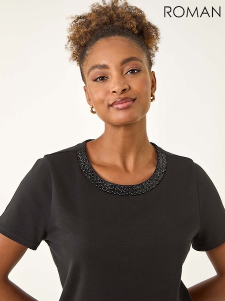 Roman Black Beaded Short Sleeve T-Shirt (Y23539) | £32