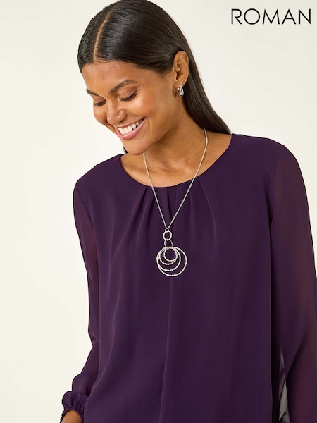 Roman Purple Pleated Chiffon Necklace Tunic Top (Y23543) | £42