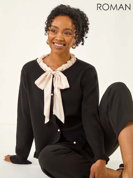 Roman Black Petite Tie Neck Frill Hem Cardigan (Y23706) | £42