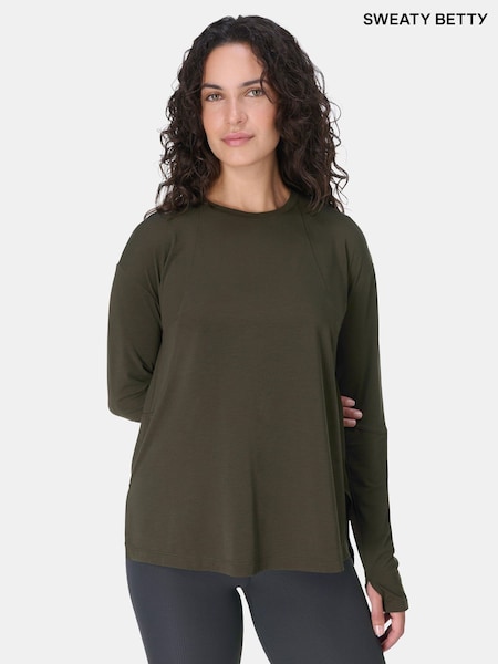 Sweaty Betty Green Soft Flow Studio Longline Long Sleeve Top (Y23749) | £65