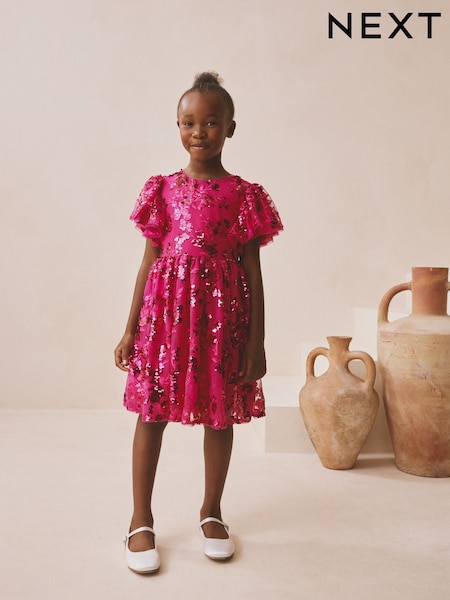 Pink Sequin Angel Sleeve Party Dress (3-16yrs) (Y23779) | £48 - £54