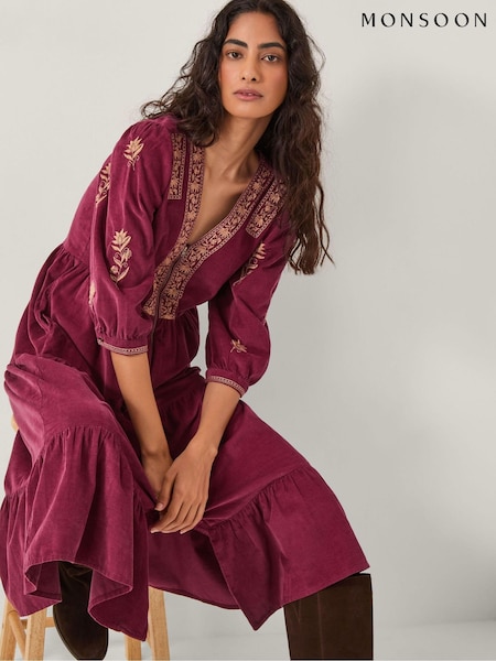 Monsoon Red Mia Embroidered Corduroy Midi Dress (Y23881) | £90