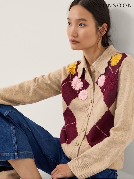 Monsoon Cream Ami Floral Argyle Collar Cardigan (Y23886) | £75