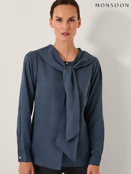 Monsoon Blue Drew Tie-Neck Blouse (Y23899) | £55