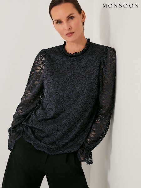Monsoon Blue Larna Lace Long Sleeve Blouse (Y23900) | £55