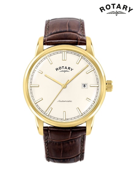 Rotary Heritage Automatic Gold Plated Brown Strap Watch (Y23948) | £209