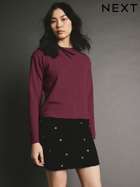 Burgundy Berry Red Cosy Soft Touch Rib Seam Detail Crew Neck Jumper (Y23977) | £26