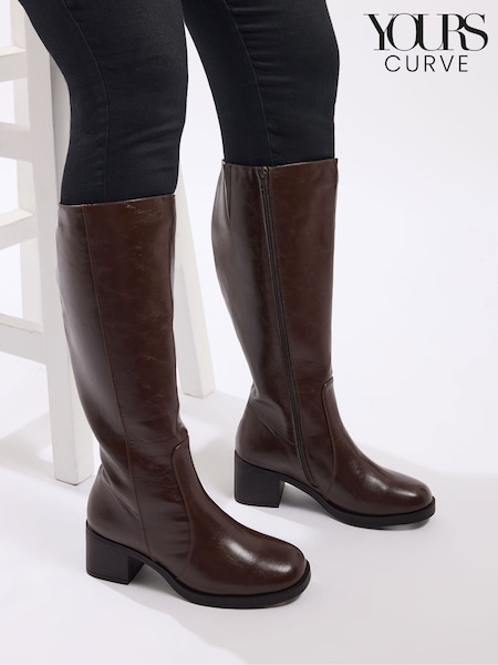 Yours Curve Brown Extra-Wide Fit Square Toe Knee Block Boots (Y24010) | £60