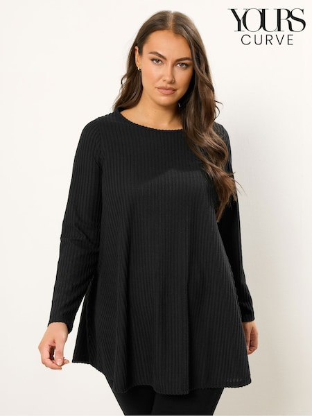 Yours Curve Black Soft Touch Brushed Ribbed Top (Y24014) | £24