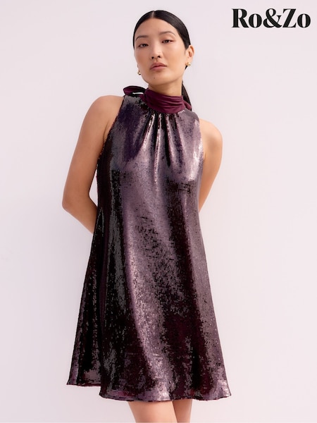 Ro&Zo Red Petite Freya Sequin Halter Neck Dress (Y24118) | £129