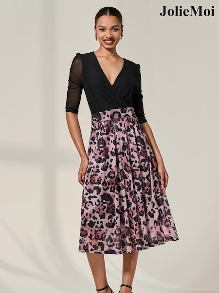 Jolie Moi Pink Mesh Two Tone Half Sleeve Midi Dress (Y24131) | £75