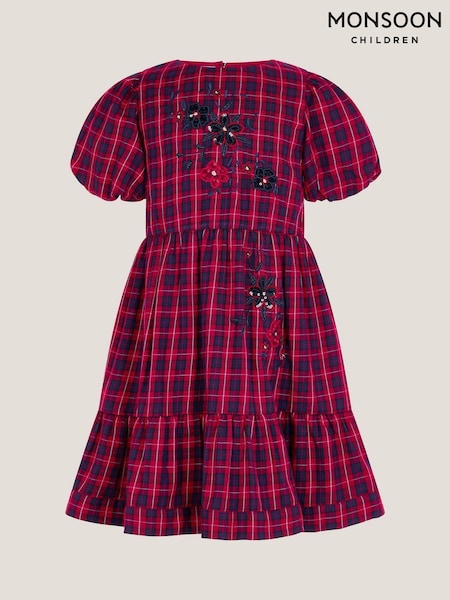 Monsoon Red Floral Tartan Puff Sleeve Dress (Y24210) | £38 - £43