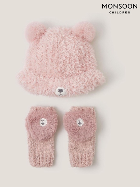 Monsoon Pink Fluffy Teddy Hat & Mitten Set (Y24215) | £25 - £26