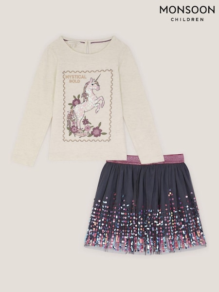 Monsoon Purple Cosmic Stamp Unicorn Top & Skirt Set (Y24217) | £38 - £43