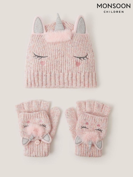 Monsoon Pink Unicorn Beanie Hat & Gloves Set (Y24234) | £25 - £26