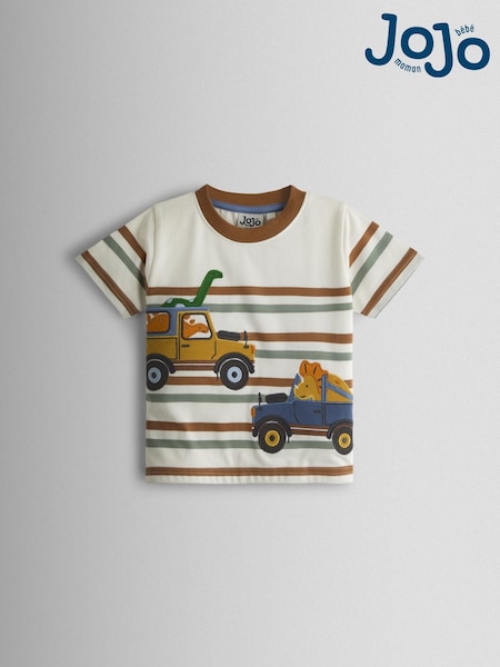 JoJo Maman Bébé Cream Dino Truck Appliqué T-Shirt (Y24390) | £15 - £17