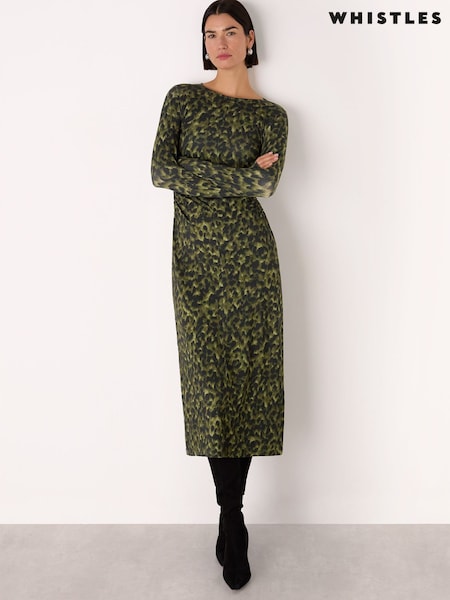 Whistles Green Animal Jersey Ruched Dress (Y24818) | £129