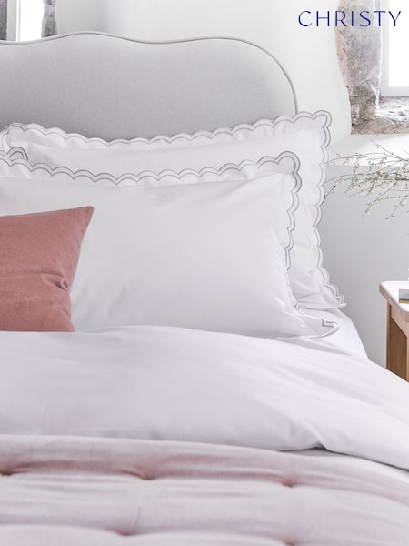 Christy Silver Scallop Edge Elegant Cotton Sateen Pillowcase Pair (Y24976) | £38