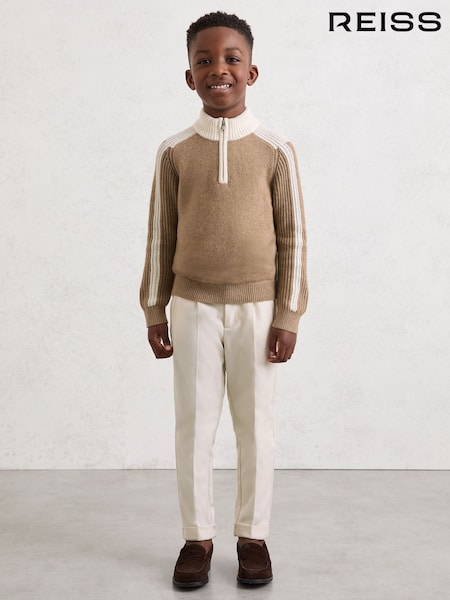 Reiss Brown Carnellis 9-13 yrs Half-Zip Contrast Knitted Jumper with Wool (Y25119) | £44