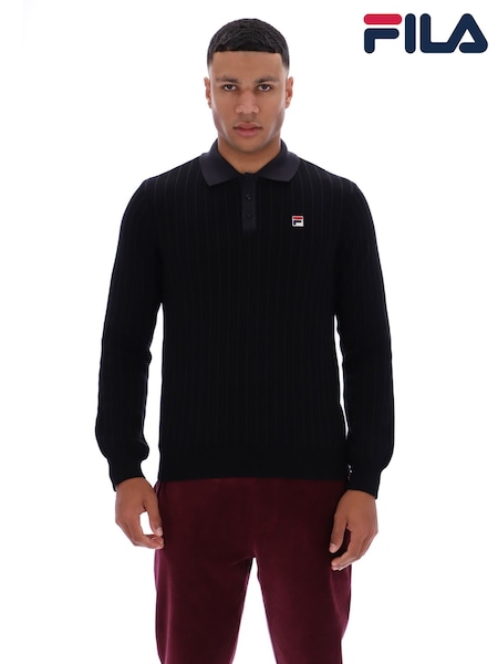 Fila Black Kobe Original Stripe Knitted Long Sleeve Polo Shirt (Y25520) | £75