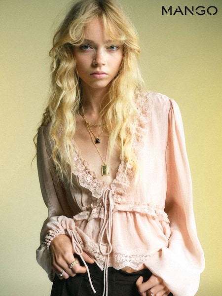 Mango Pink Lace Trim V-Neck Long Sleeve Blouse (Y25586) | £60