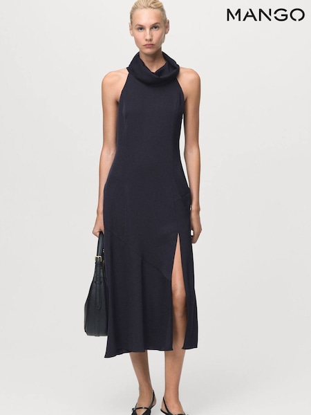 Mango Blue Draped Neck Dress With Opening (Y25592) | £60