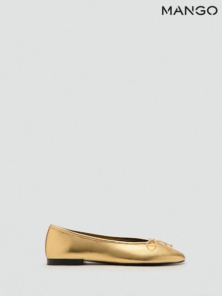 Mango Gold Leather Ballet Flats with Bow (Y25618) | £50
