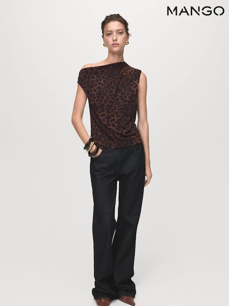 Mango Brown Leopard-Print Top With Asymmetrical Collar (Y25625) | £26