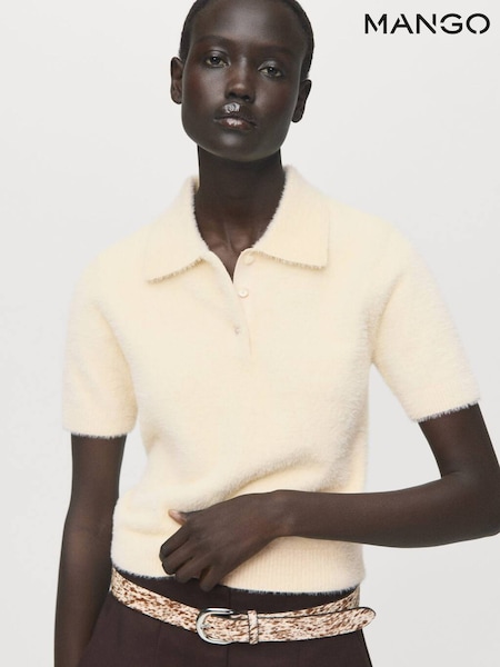 Mango White Faux Fur Effect Polo Collar Jumper (Y25647) | £36