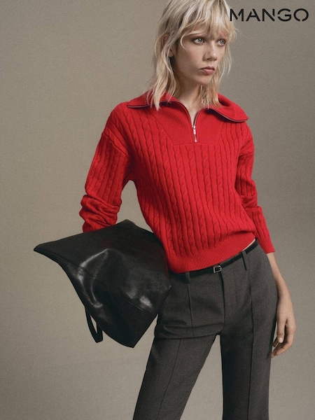 Mango Red Cable Knit Zip Neck Jumper (Y25651) | £36