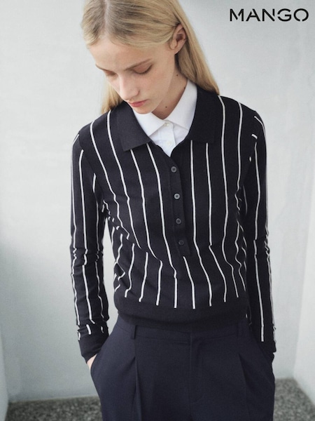 Mango Blue Striped Polo-Neck Sweater (Y25685) | £36