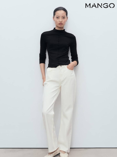 Mango Black Ribbed T-Shirt With Scalloped Trim (Y25691) | £26