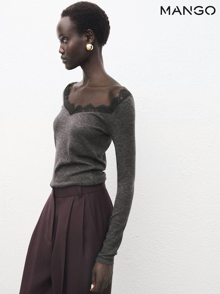 Mango Grey Low-Neck T-Shirt With Lace Trim (Y25700) | £26