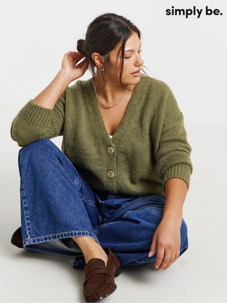 Simply Be Green Fluffy Overstitch Knitted Boyfriend Cardigan (Y25723) | £38
