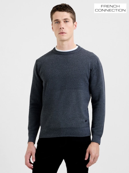 French Connection Grey Diamond Jacquard Textured Crew Neck Long Sleeve Jumper (Y25728) | £39