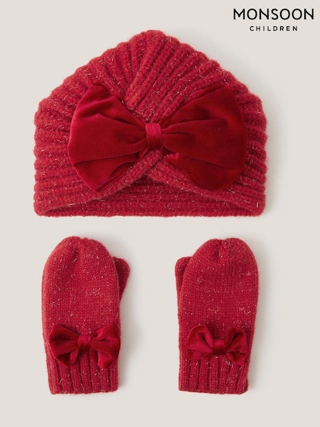 Monsoon Red Baby Bow Knitted Hat & Mittens Set (Y25745) | £20