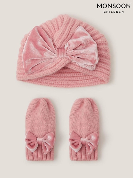 Monsoon Pink Baby Bow Knitted Hat & Mittens Set (Y25758) | £20