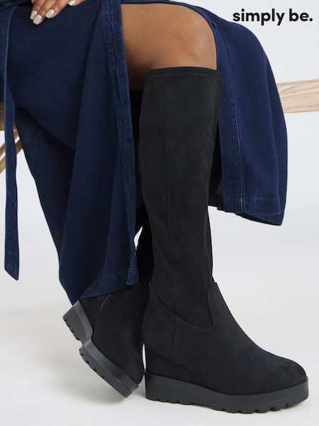 Simply Be Soft Black Wide Fit Stretch Wedge Knee High Boots (Y25843) | £76