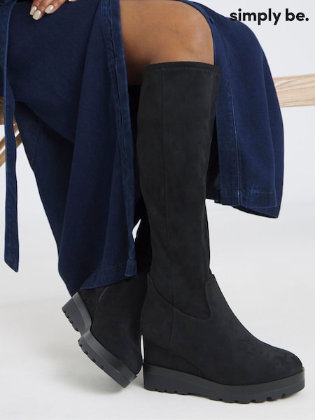 Simply Be Soft Black Extra Wide Fit Stretch Wedge Knee High Boots (Y25857) | £76