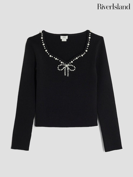 River Island Black Girls Pearl Sweetheart Top (Y25861) | £22