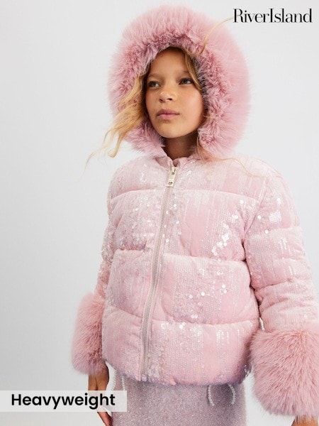 River Island Pink Girls Sequin Puffer Coat (Y25867) | £52