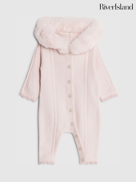 River Island Pink Baby Girls Fur Collar Knitted All-in-One (Y25874) | £29