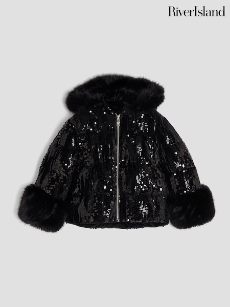 River Island Black Girls Sequin Puffer Coat (Y25881) | £52