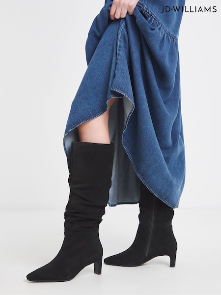 Anthology By JD Williams Black Extra Wide Fit Premium Ruched Real Suede Kitten Heel Boots (Y25904) | £120