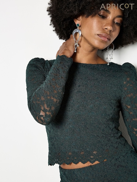 Apricot Green Leaf Corded Lace Long Sleeve Top (Y25958) | £35