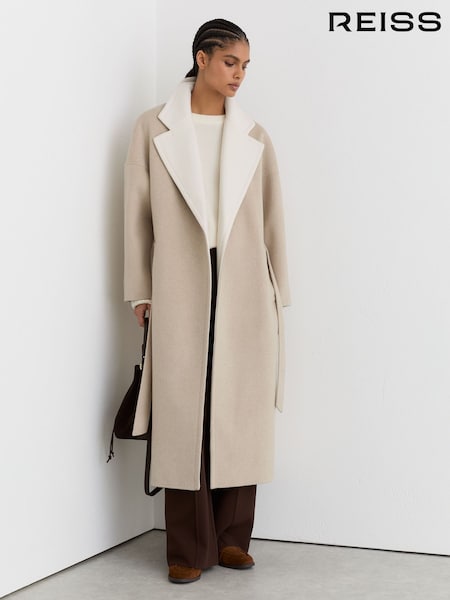 Reiss Neutral Marcela Petite Wool Blindseam Contrast-Lapel Coat (Y26223) | £380